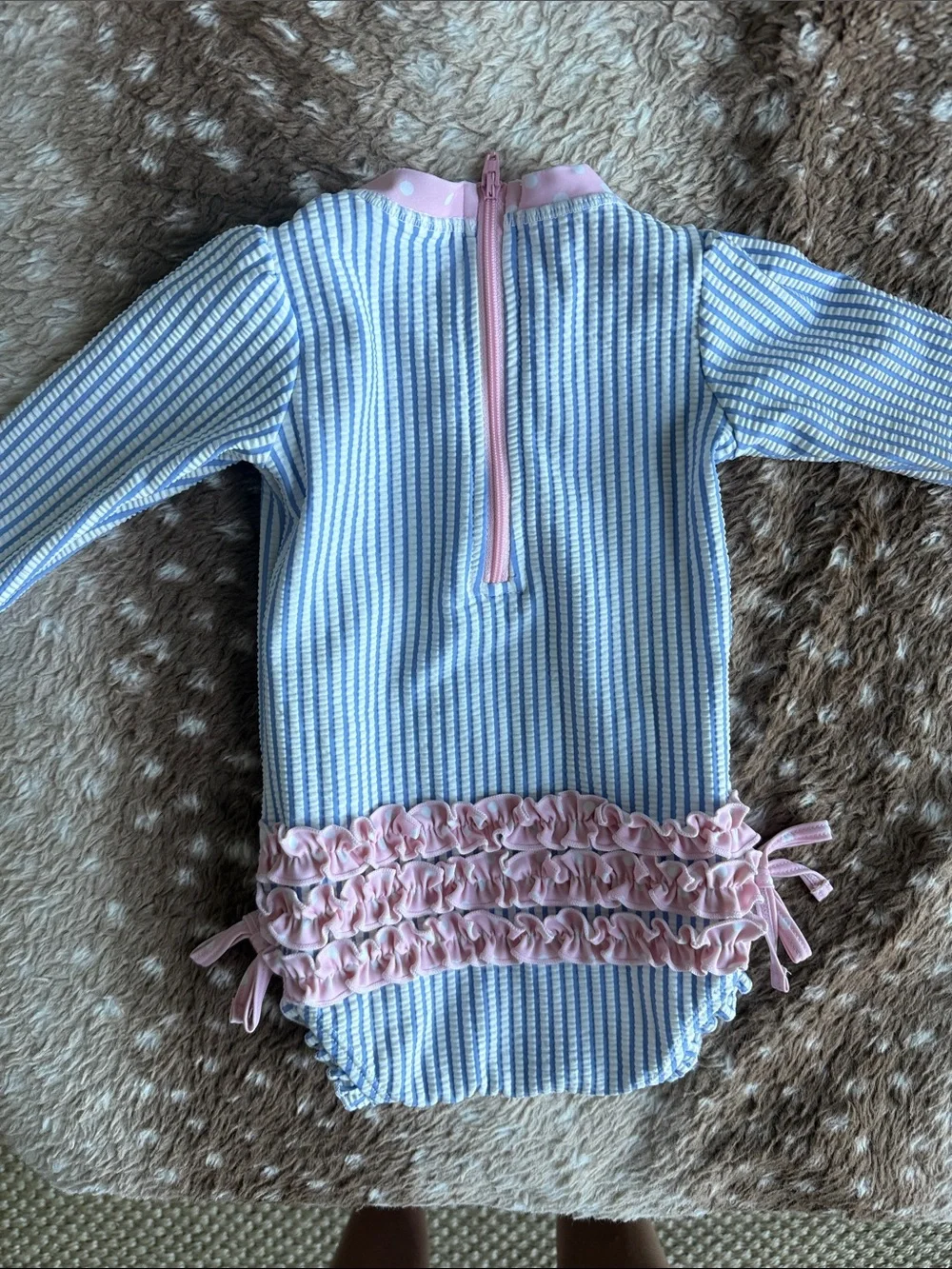 Ruffle butts 6-12 blue & White Striped Long-Sleeve Baby One-Piece with Pink